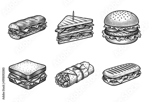 Vintage hand drawn engraving style collection of sandwiches including burger wrap panini sub and club sandwich