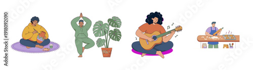 Flat Vector Diverse People Engaging in Creative Hobbies Graphic Set for Wellness and Lifestyle Content