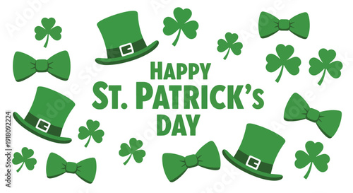 St Patrick’s Day vector poster with green bow tie, hat, and shamrock accessories celebrating Irish culture, luck, and festive March holiday spirit
