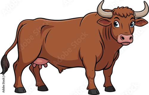 Cute Brown Bull Cartoon Character Farm Animal Illustration