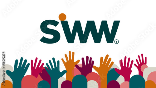 Vibrant illustration with a diverse group of raised hands, symbolizing community, unity, collaboration, diversity, teamwork, and inclusion.