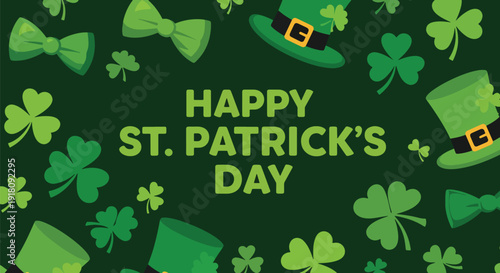 St Patrick’s Day vector poster with green bow tie, hat, and shamrock accessories celebrating Irish culture, luck, and festive March holiday spirit