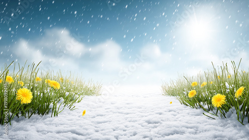Landscape showing melting snow gradually giving way to fresh green grass and early spring flowers. Seasonal transition concept, climate change symbolism, renewal, warming and natural rebirth.