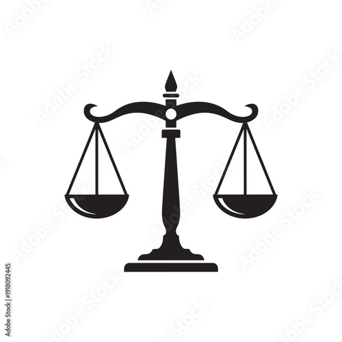  Black and white silhouette of justice scales, symbolizing law, balance, fairness, and legal decisions.