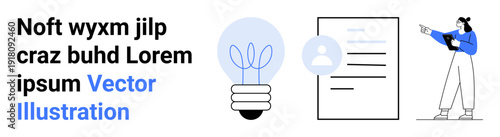 Female presenting clipboard beside document, profile icon, and light bulb concept. Ideal for teamwork, creativity, presentations, innovation, education, profile creation simple landing page