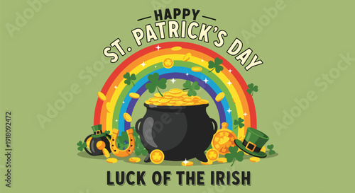 St Patrick’s Day vector poster with pot of gold overflowing under rainbow celebrating Irish luck, prosperity, and joyful March 17 holiday spirit