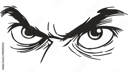 Stylized Angry Eyes Illustration with Furrowed Brows. Intense Black and White Vector Graphic of Menacing Stare.