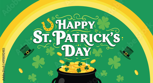 St Patrick’s Day vector poster with pot of gold overflowing under rainbow celebrating Irish luck, prosperity, and joyful March 17 holiday spirit