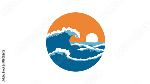 Stylized vector illustration of a big ocean wave crashing with a vibrant sunset in a circular frame, perfect for summer designs