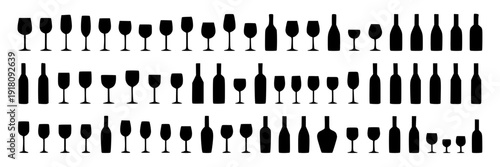 Wine glasses and bottles set with various shapes and sizes in black silhouette style for elegant design featuring drinkware, vector, icons with collection and party elements for celebration, bar