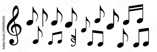 Musical notes set with treble clef and various black symbols on white background featuring sheet music, vector illustration, clean composition on simple background