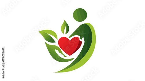 Abstract green figure holding red heart with leaves, representing natural health, holistic wellness, organic care, vitality, and eco-friendly living