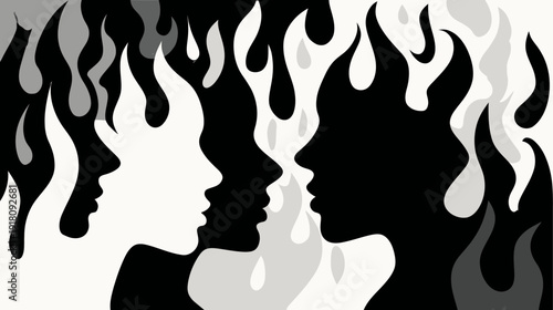Abstract black and white illustration of two female profiles with flame-like hair, representing duality, conflict, and identity