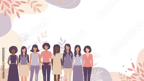 Empowering illustration of diverse women united, symbolizing collective strength, solidarity, and the vibrant spirit of womanhood thriving in a supportive community