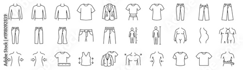 Fit sizing line icon set. Slim, regular, oversized, tailored blazer, high waist pants, flare leg, petite, maternity, stretch, drop shoulder outline vector illustrations.