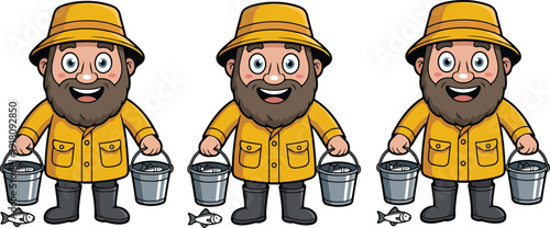 Cute Fisherman in Yellow Raincoat Bucket of Fish Illustration