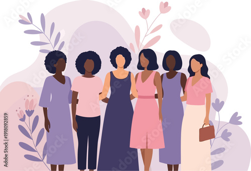 A vibrant illustration of a diverse group of empowered women standing together in unity, symbolizing strength, support, and sisterhood amidst a gentle floral background