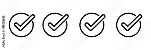 Checkmark icon outline set with four simple circular ticks, minimal black line symbols for approval, verified status, completed tasks, UI buttons and web apps
