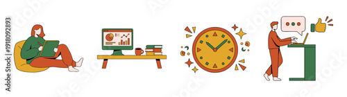 Flat Vector Remote Work and Productivity Illustration Element Kit for Modern Freelance Business Theme