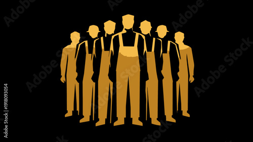 Graphic illustration of a skilled male workforce team in golden silhouettes, symbolizing industry, labor, construction, and unity on black.