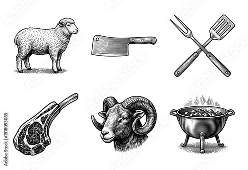 Vintage engraving style collection of sheep livestock, butcher cleaver, barbecue tools, and lamb chop meat icons for culinary design.