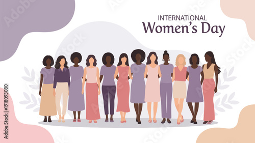 Vibrant illustration of diverse women celebrating unity and empowerment. A global community of strong females advocating for gender equality and collective strength