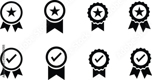 Award Badge and Quality Seal Icon Set Vector – Star and Check Ribbon Symbol Collection