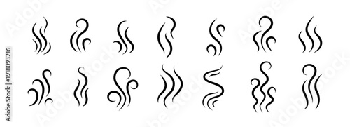 Smoke steam of coffee with smell line icon set. Hand drawn scent stream and wavy aroma doodle lines. Sketch hot vapor steam with smell and cooking fragrance.