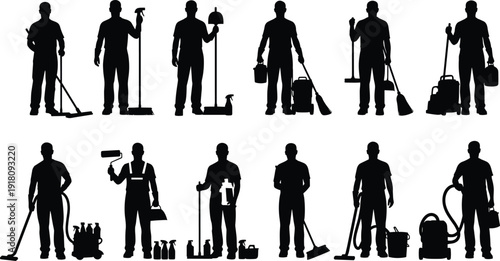 Janitorial Maintenance Worker Silhouettes Set, Professional Cleaning Service Staff with Mop Broom Vacuum and Supplies, Industrial Janitor Vector Icons Collection