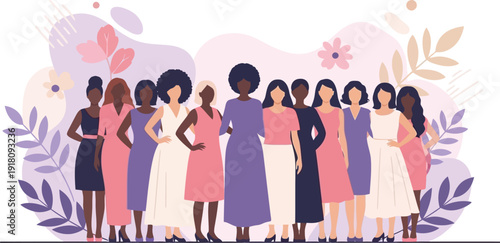Vibrant Illustration of a Diverse Group of Empowered Women Standing United, Symbolizing Sisterhood, Equality, and Global Community Support in a Celebratory Collective