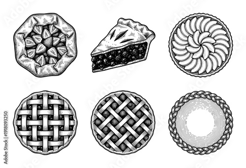 Vintage woodcut style illustration of various fruit pies and tarts featuring lattice crusts and braided edges in a hand drawn engraving aesthetic