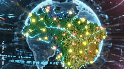 Digital Brazil Map with Glowing Cities - This video features a digital video of Brazil's map with glowing light outlines and color-coded spheres representing major cities or data points.