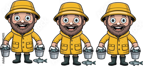 Cute Fisherman in Yellow Raincoat Bucket of Fish Illustration