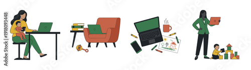 Flat Vector Working Mother Life Balance Graphic Set for Remote Employment and Parenting Themes