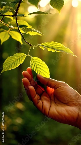 A human hand gently reaches out to touch vibrant green leaves bathed in warm