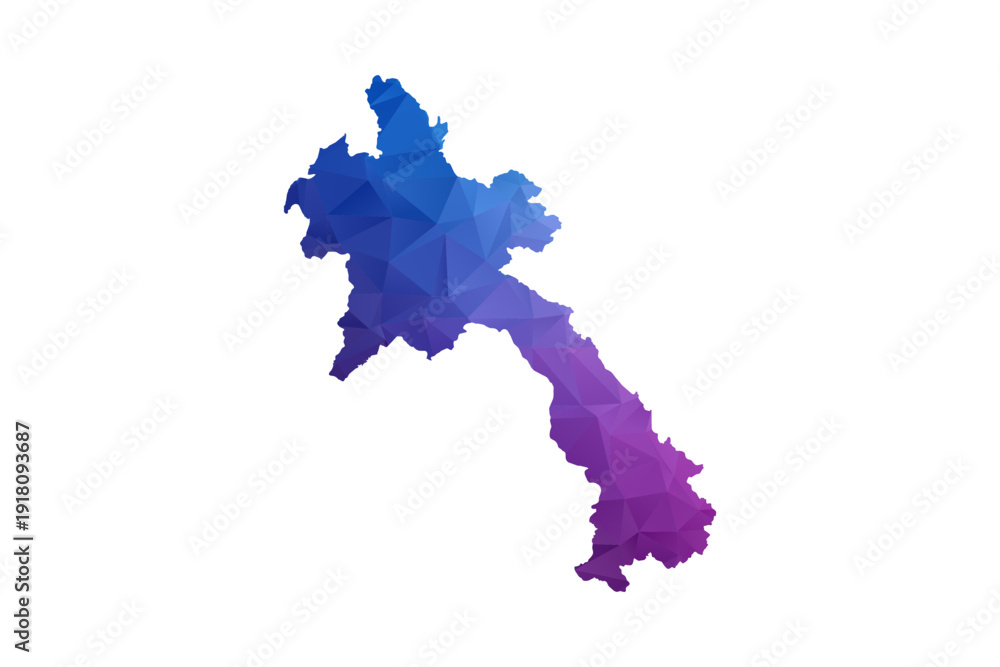 Fototapeta premium Laos Map - Polygon Style Vector Illustration in Blue and Purple Gradient, Low Poly Geometric Design, Isolated on White Background, Ideal for Infographics and Learning Materials.
