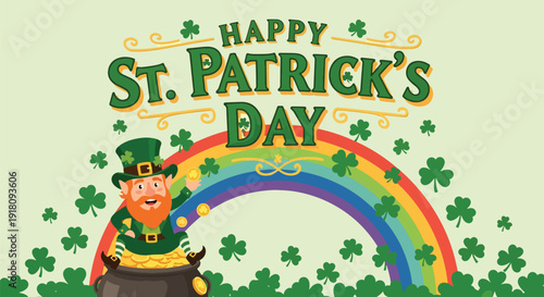 St Patrick’s Day vector poster featuring leprechaun, rainbow, shamrocks, and gold coins celebrating Irish heritage, luck, and joyful March 17 holiday festival