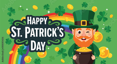 St Patrick’s Day vector poster featuring leprechaun, rainbow, shamrocks, and gold coins celebrating Irish heritage, luck, and joyful March 17 holiday festival