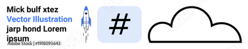 Rocket icon, metadata tag in square, cloud outline beside placeholder text. Ideal for technology, creativity, innovation, digital trends, branding, aerospace simple landing page