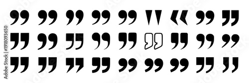 Quotation marks set with various styles and designs including curly and straight types featuring typography, punctuation, text with design and vector elements for graphic, illustration projects,