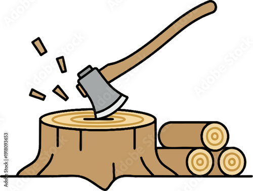 Cartoon Axe Chopping Tree Stump with Flying Chips Firewood Logs Flat Vector Lumberjack Illustration