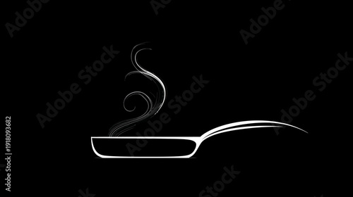 Minimalist white outline frying pan with rising steam on black background. Modern cooking icon, hot food preparation concept.