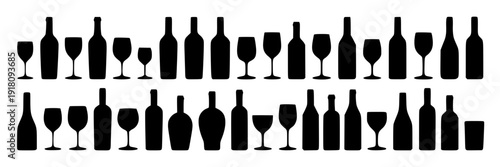 Wine glasses and bottles set with black silhouette icons for drinks and beverages featuring glass, bottle, drink with beverage and alcohol elements for vector, icon projects, clean composition on