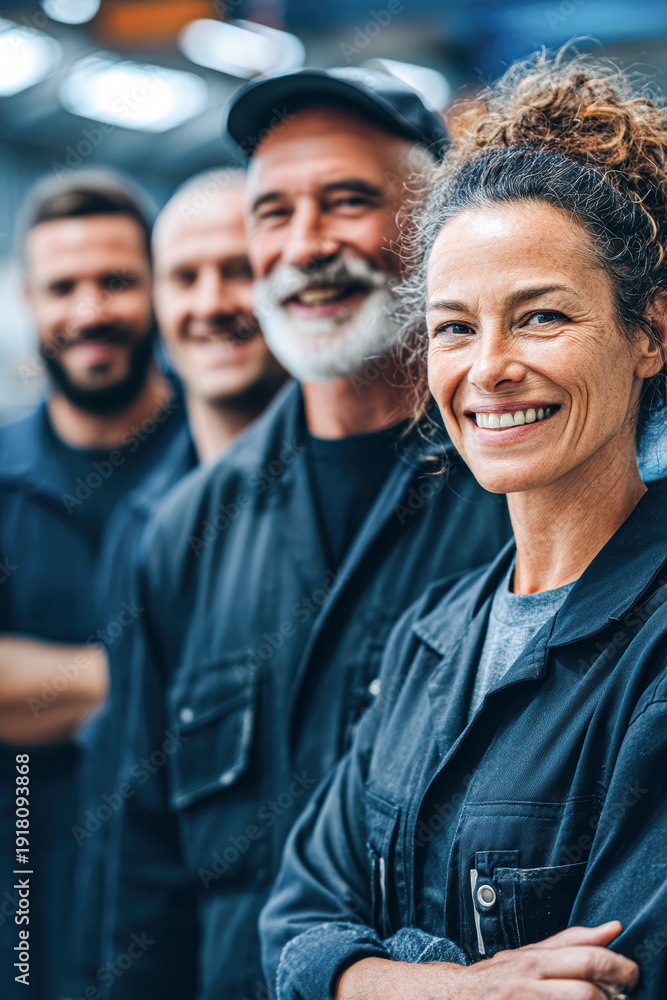 Fototapeta premium A confident woman and three men in workwear stand in a line, smiling, suggesting teamwork and a positive work environment.