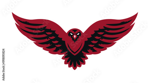 Stylized red and black owl illustration with wide-spread wings and fierce gaze, flying forward. Modern graphic design element, mascot, emblem.