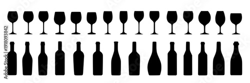 Wine glasses and bottles set with black silhouette icons for drinkware and beverage representation featuring vector, collection, alcohol with bar and restaurant elements for dining, party projects,