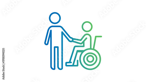 Disability care and support icon featuring a person assisting an individual in a wheelchair, representing accessibility and elder care.
