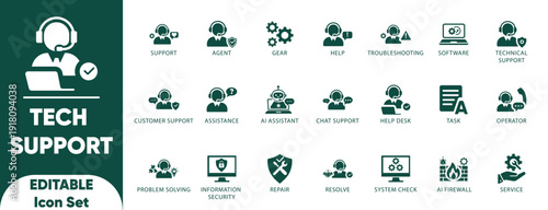 Tech support and customer service Solid icon set. support, assistance, hotline, live chat,  maintenance, technical, call center, and vector icons.