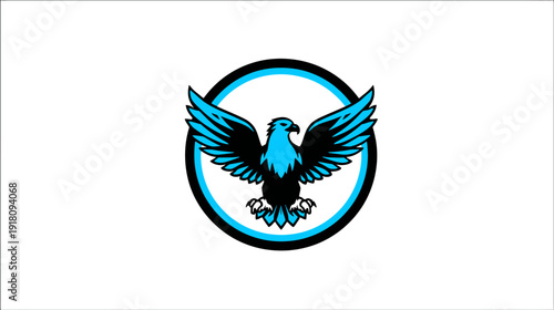 Powerful stylized eagle with spread wings in a blue circular frame, dynamic vector illustration of a majestic bird of prey emblem.