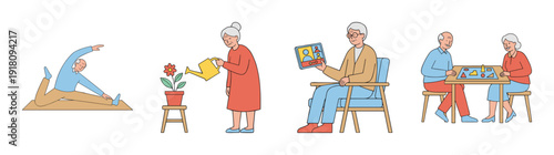 Flat Vector Senior Active Lifestyle Illustration Element Kit for Geriatric Wellness and Elderly Healthcare